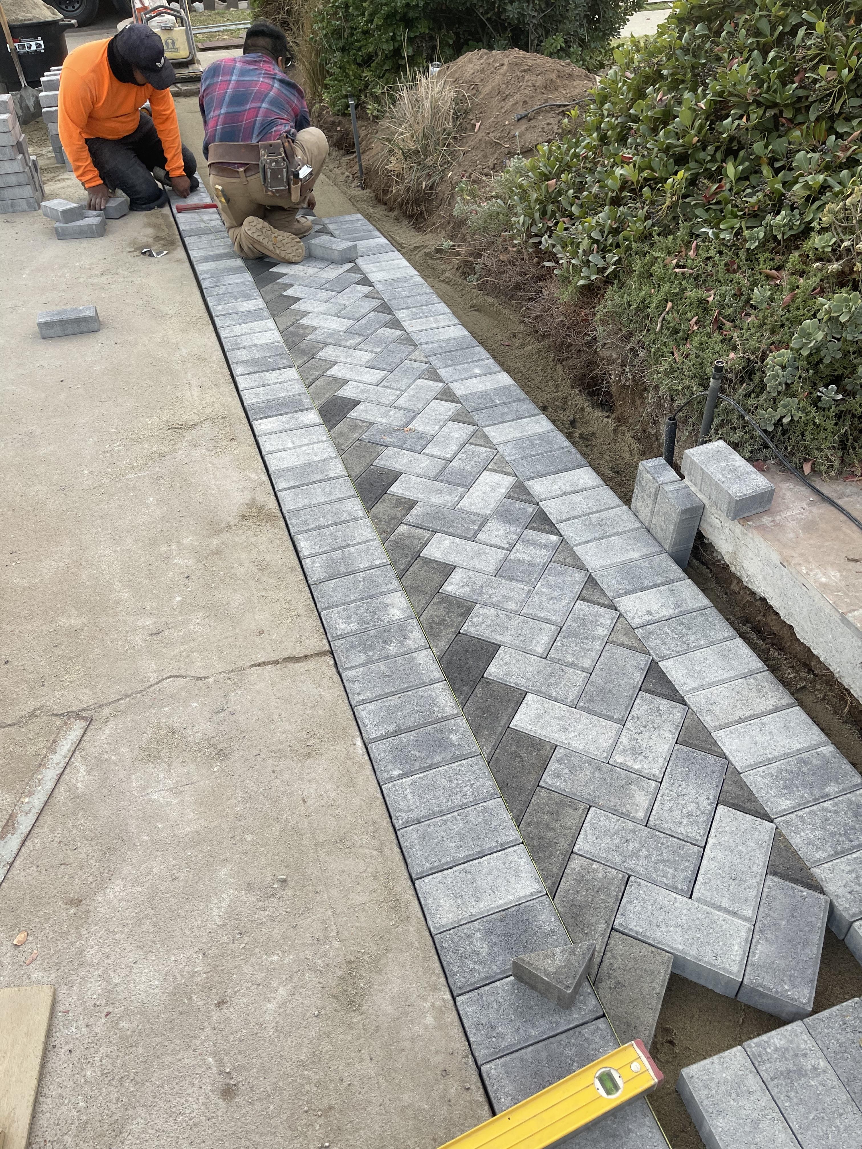 Front yard with terraced planting beds and new concrete steps