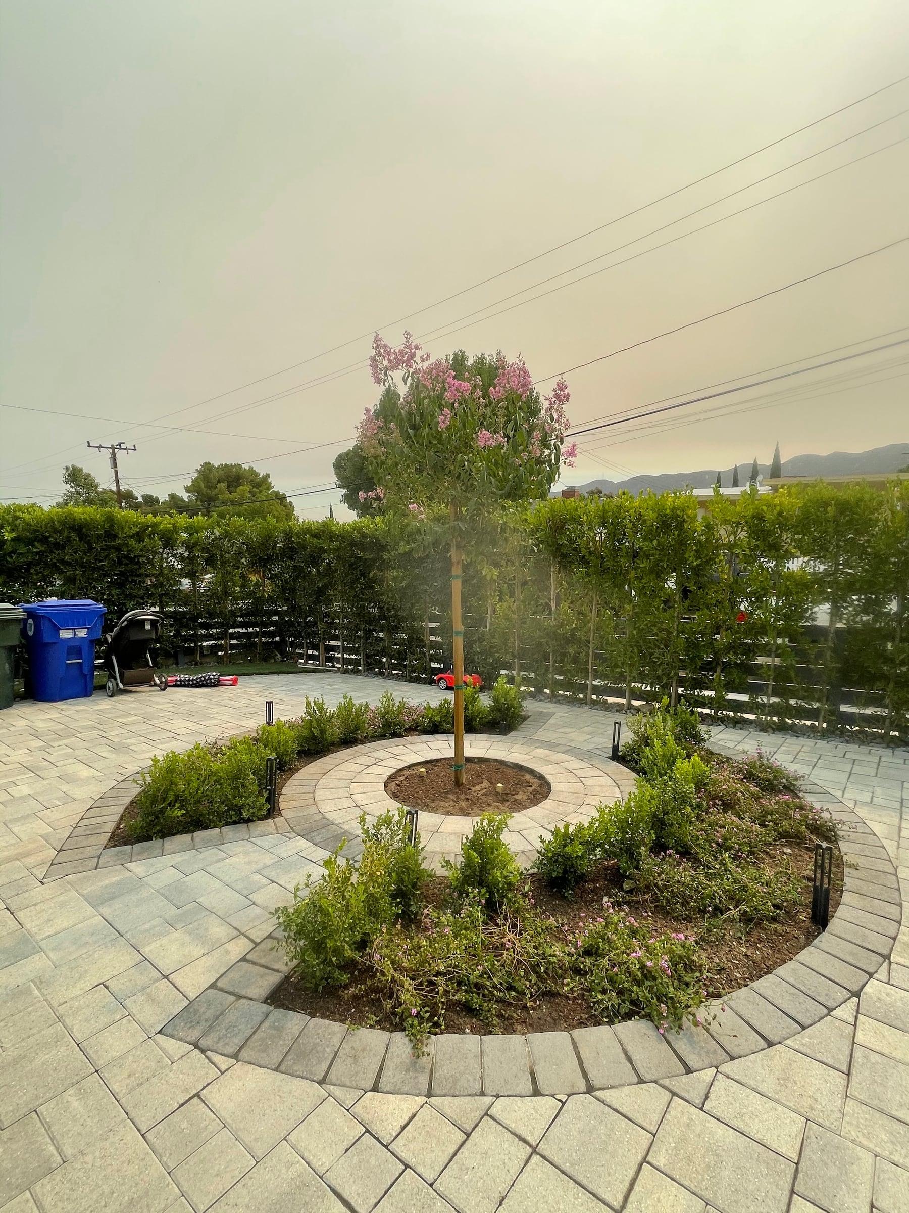 Circular paver patio with a center planting bed and tree