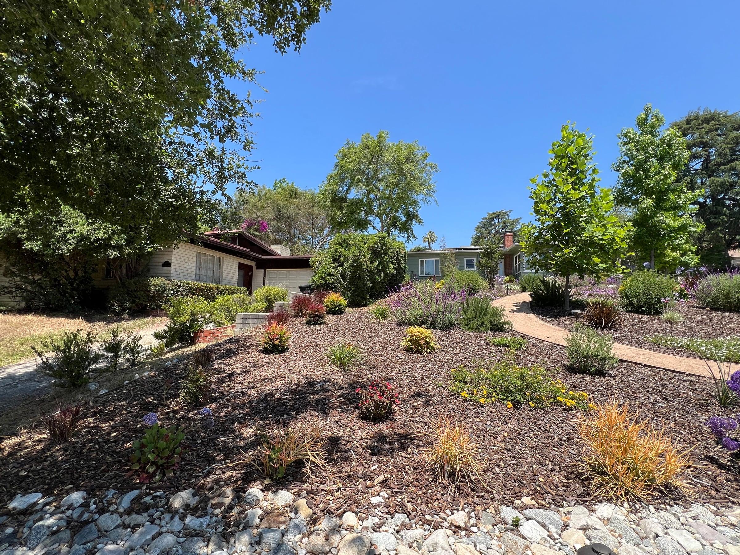 Front yard planting bed with mulch and new drought-tolerant plants