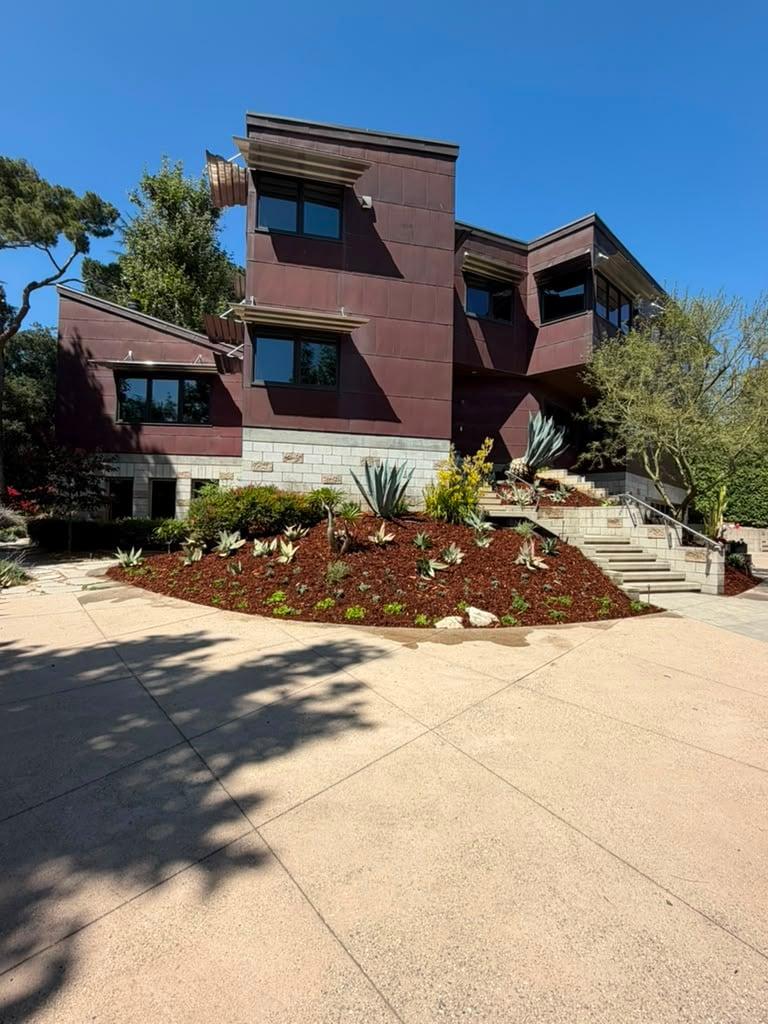 Succulent and agave planting bed along modern entry steps