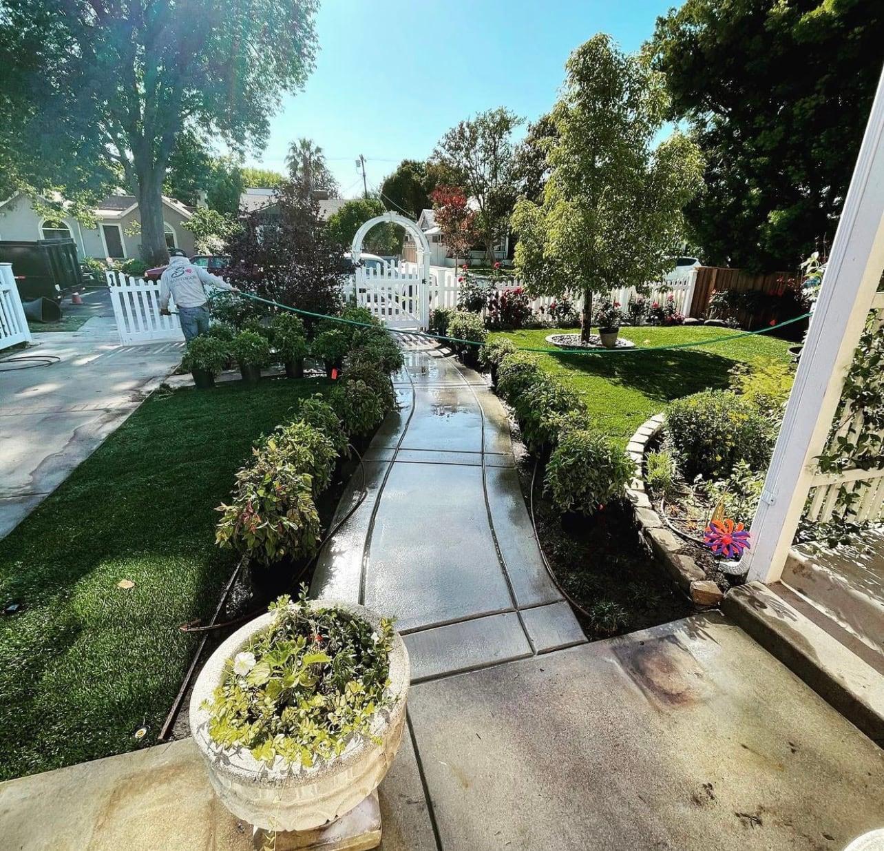 Crew member watering a front yard garden and walkway